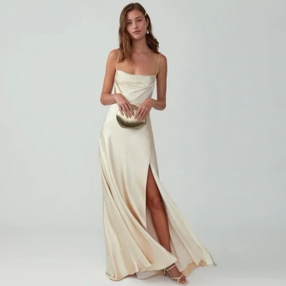 Fame & Partners Women's Strappy Draped Champagne Matte Satin Maxi Dress Size 4